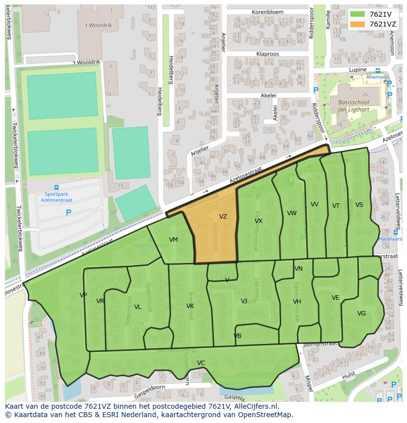 Afbeelding van het postcodegebied 7621 VZ op de kaart.