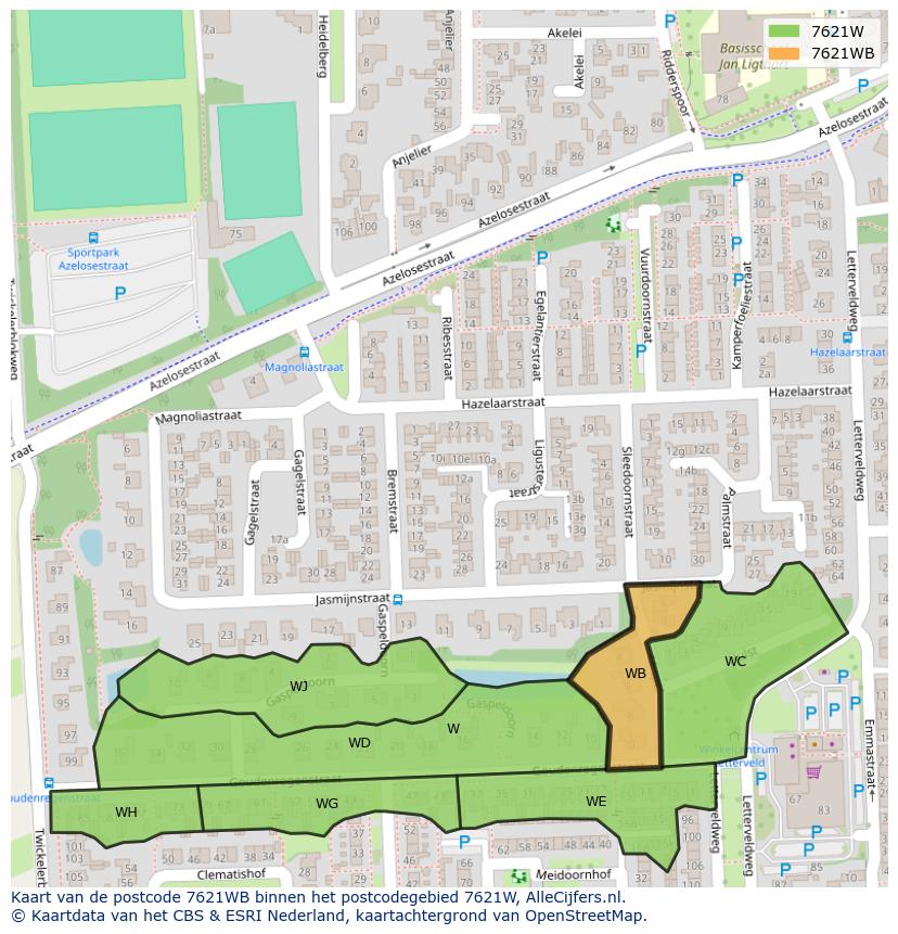 Afbeelding van het postcodegebied 7621 WB op de kaart.