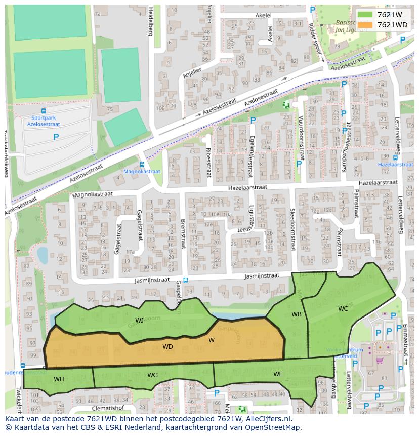 Afbeelding van het postcodegebied 7621 WD op de kaart.