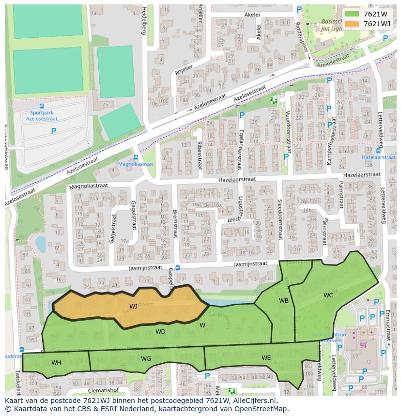 Afbeelding van het postcodegebied 7621 WJ op de kaart.