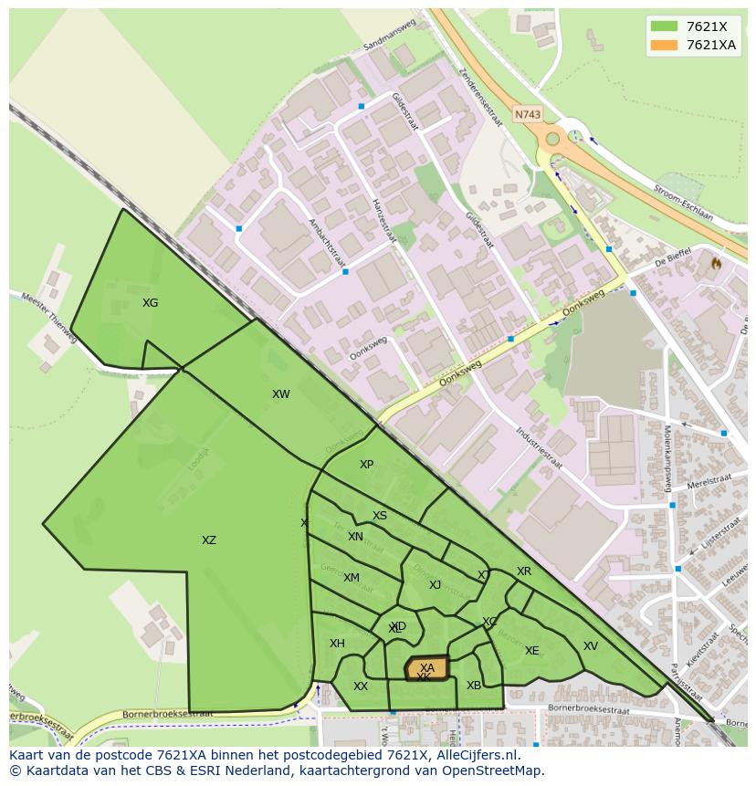 Afbeelding van het postcodegebied 7621 XA op de kaart.