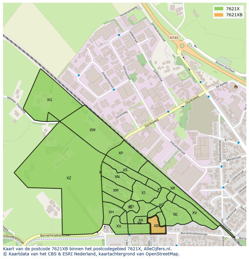 Afbeelding van het postcodegebied 7621 XB op de kaart.