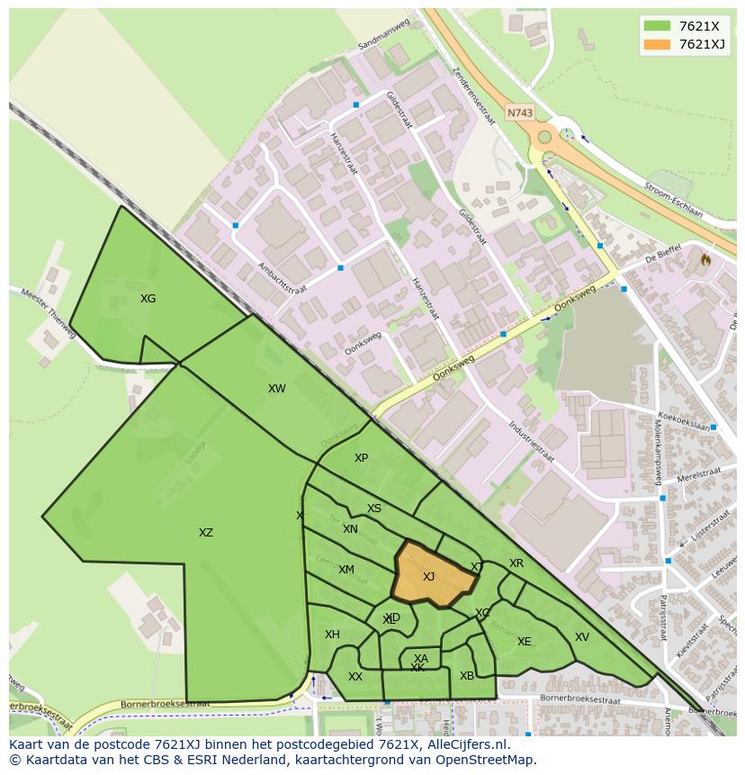 Afbeelding van het postcodegebied 7621 XJ op de kaart.