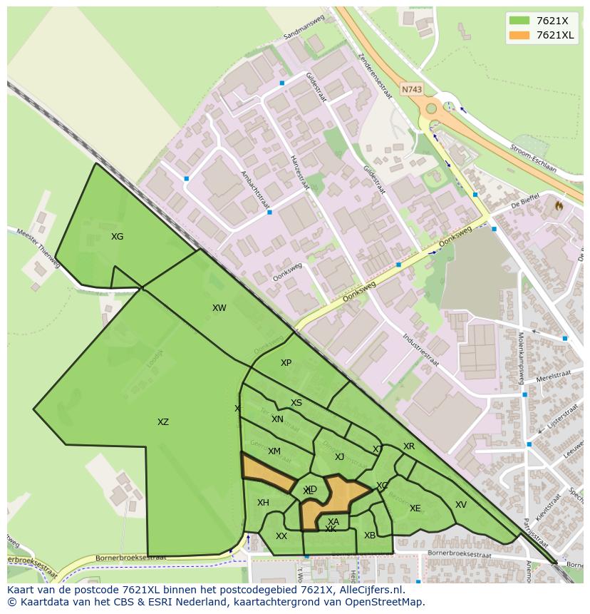 Afbeelding van het postcodegebied 7621 XL op de kaart.