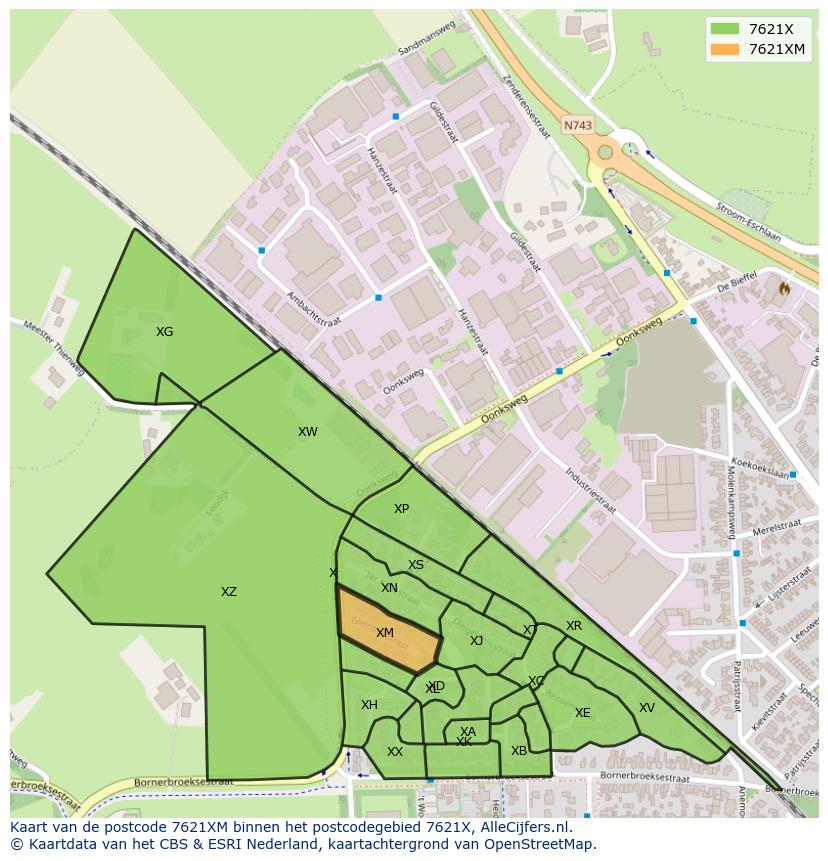 Afbeelding van het postcodegebied 7621 XM op de kaart.