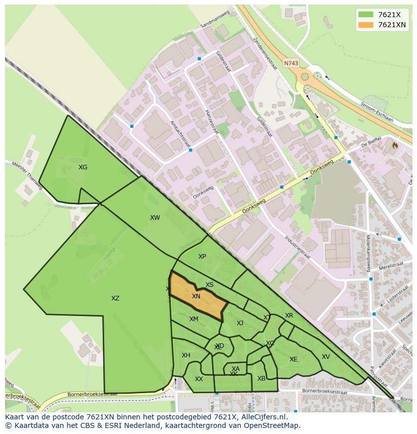 Afbeelding van het postcodegebied 7621 XN op de kaart.