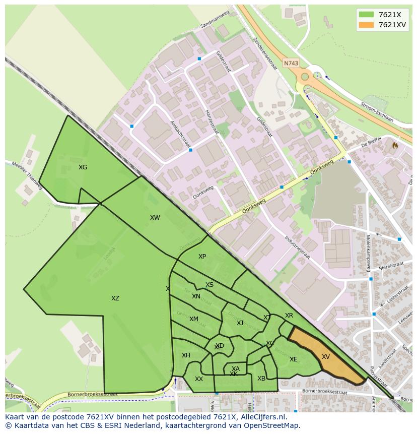 Afbeelding van het postcodegebied 7621 XV op de kaart.