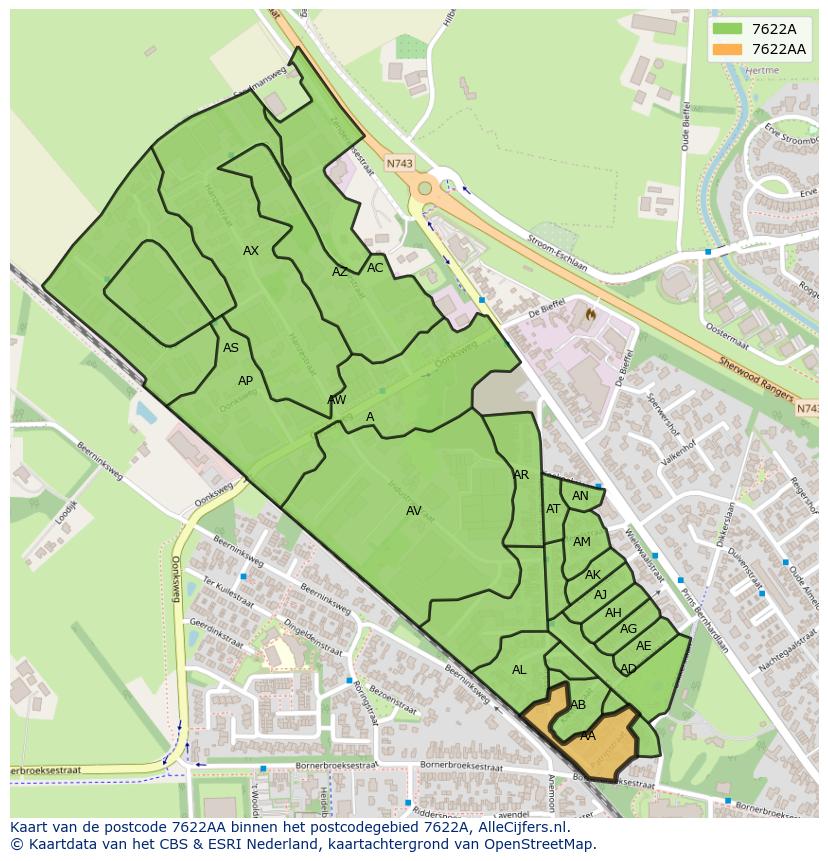 Afbeelding van het postcodegebied 7622 AA op de kaart.