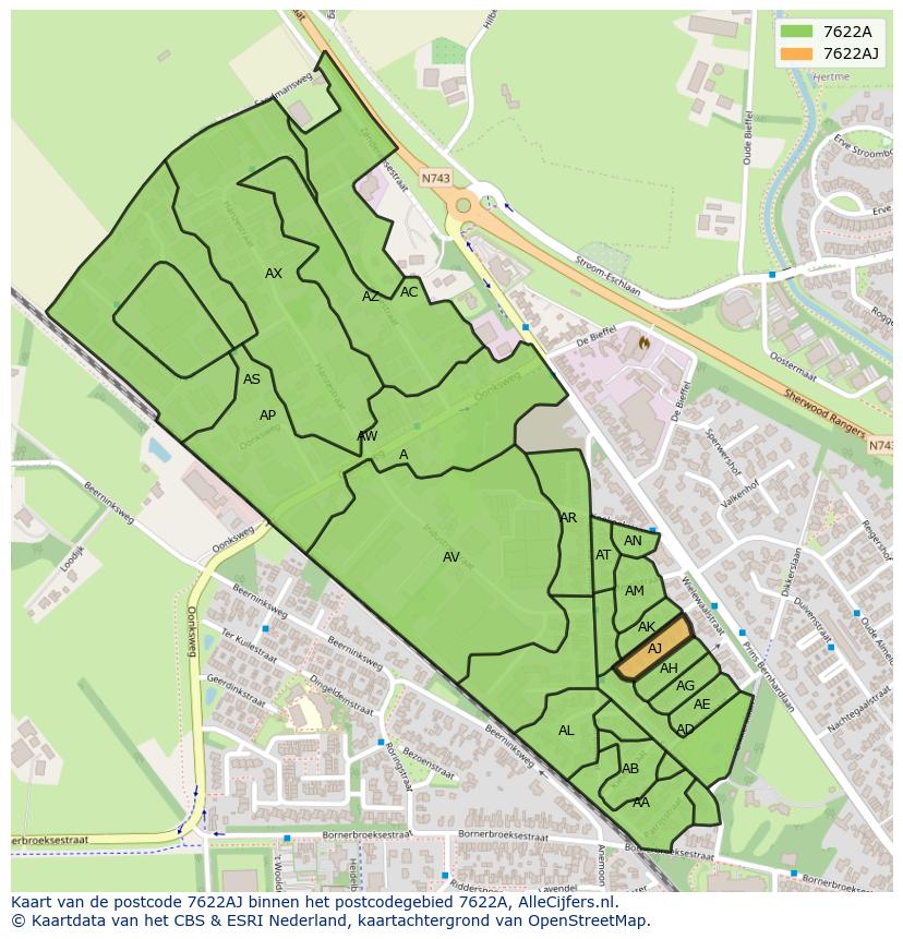 Afbeelding van het postcodegebied 7622 AJ op de kaart.