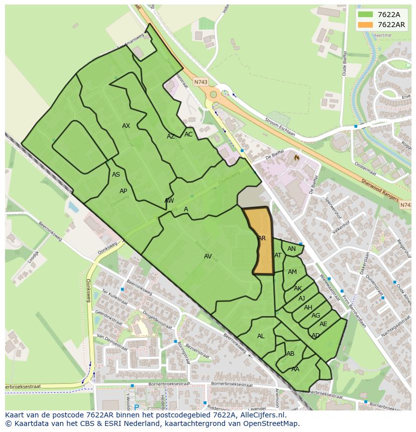 Afbeelding van het postcodegebied 7622 AR op de kaart.