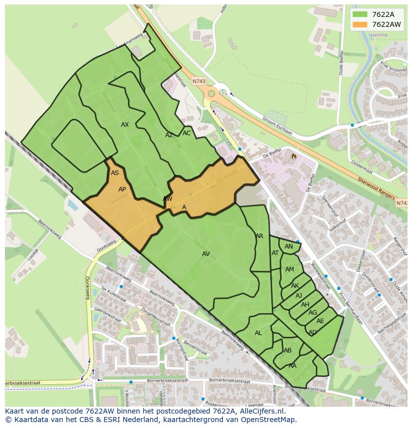 Afbeelding van het postcodegebied 7622 AW op de kaart.
