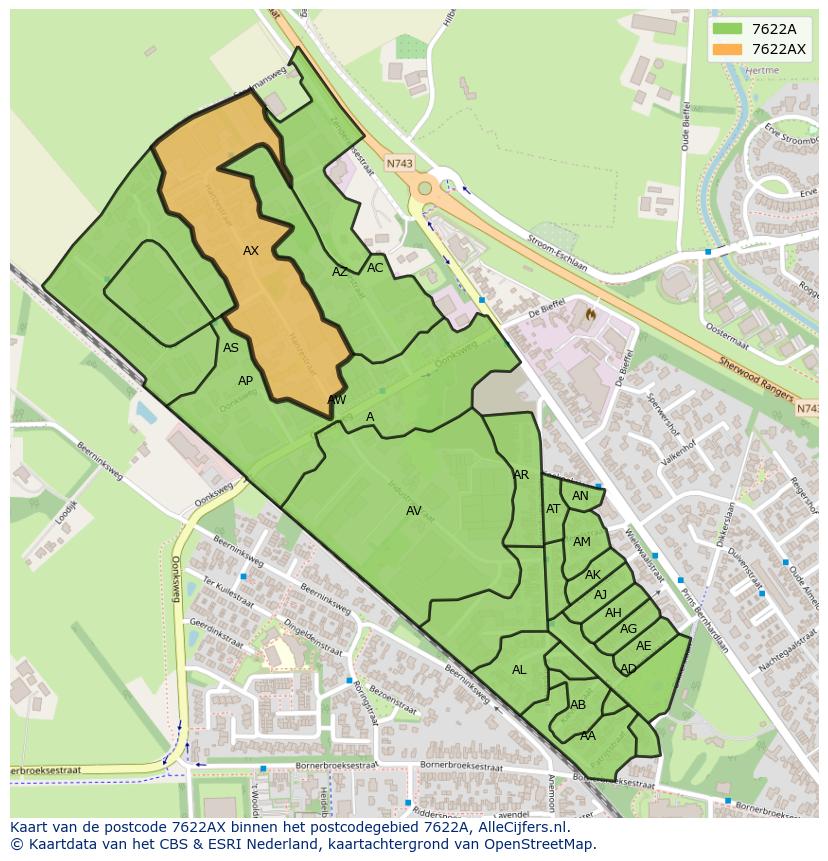 Afbeelding van het postcodegebied 7622 AX op de kaart.