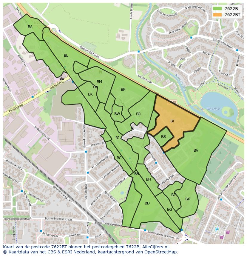 Afbeelding van het postcodegebied 7622 BT op de kaart.