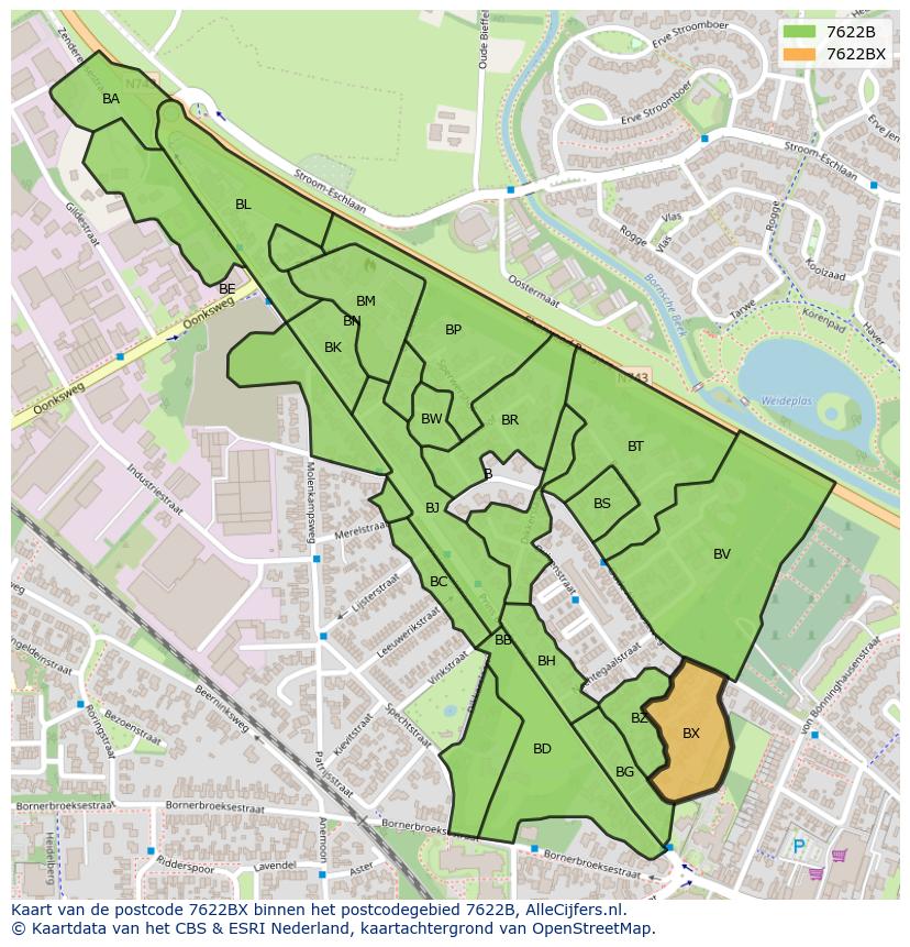 Afbeelding van het postcodegebied 7622 BX op de kaart.