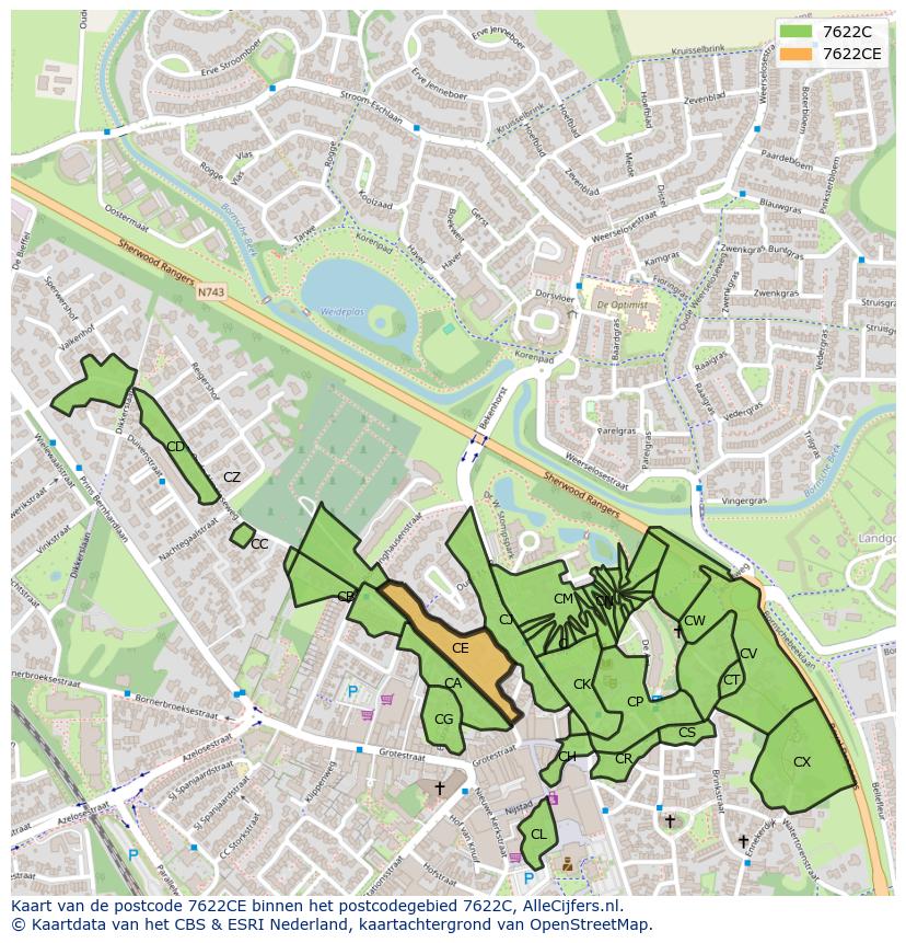 Afbeelding van het postcodegebied 7622 CE op de kaart.