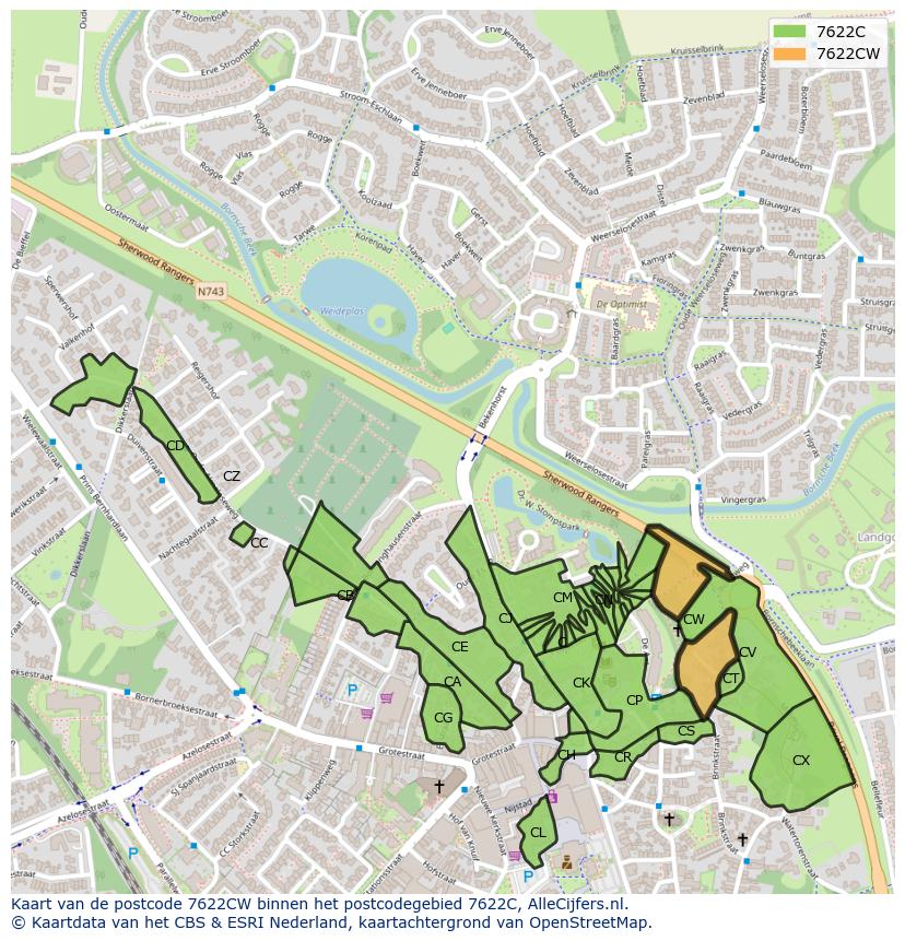 Afbeelding van het postcodegebied 7622 CW op de kaart.