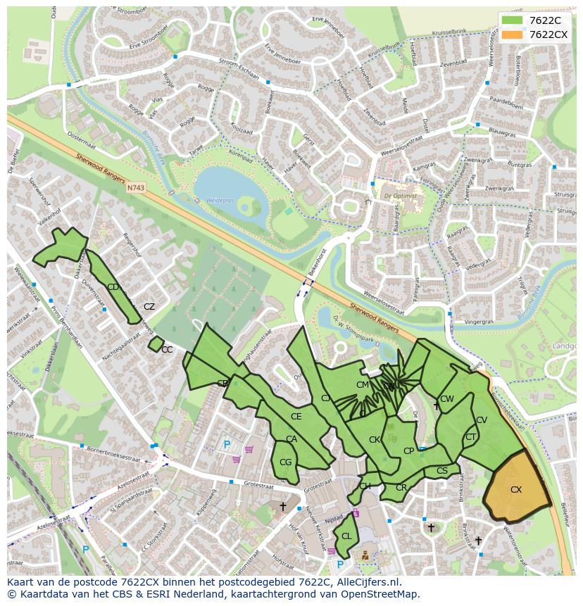 Afbeelding van het postcodegebied 7622 CX op de kaart.