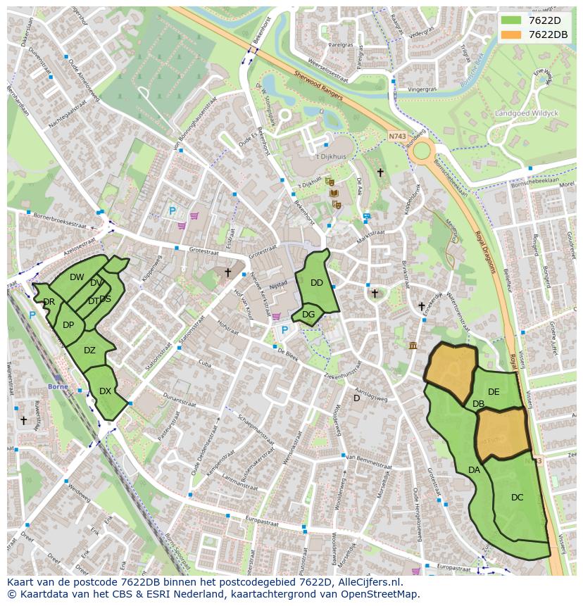 Afbeelding van het postcodegebied 7622 DB op de kaart.
