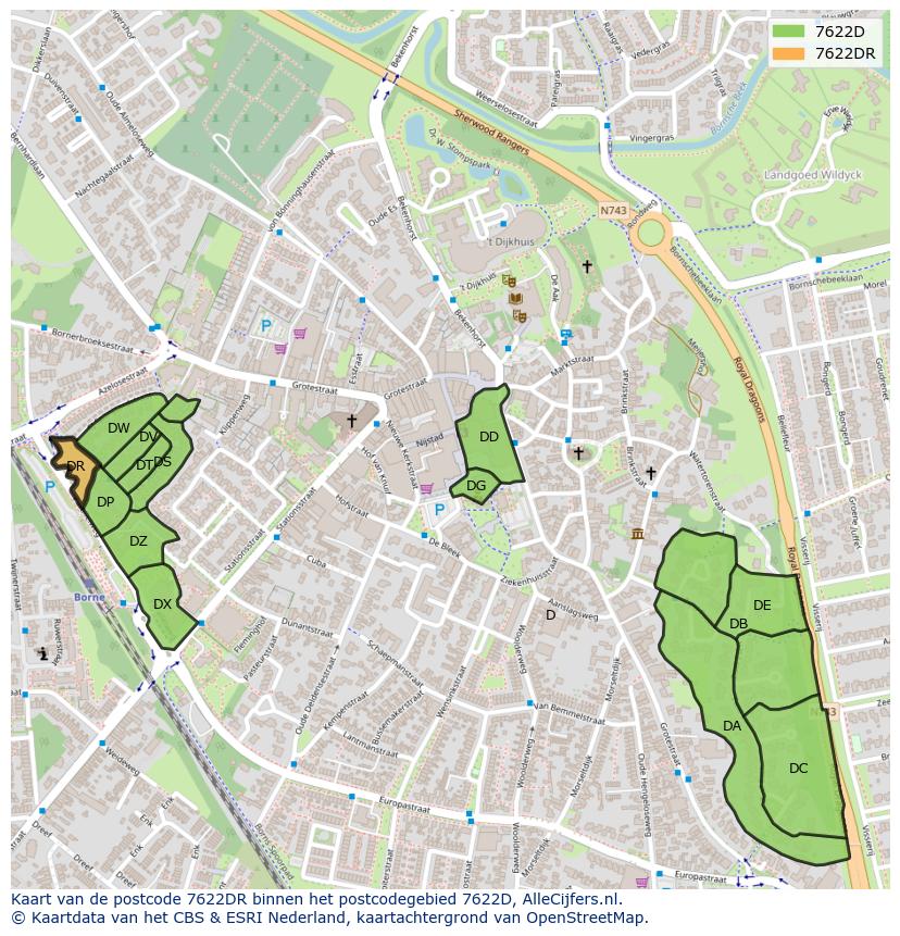 Afbeelding van het postcodegebied 7622 DR op de kaart.