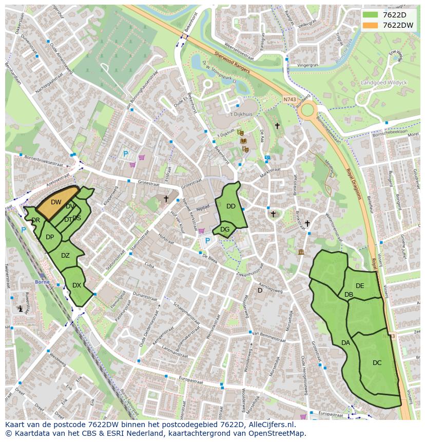 Afbeelding van het postcodegebied 7622 DW op de kaart.