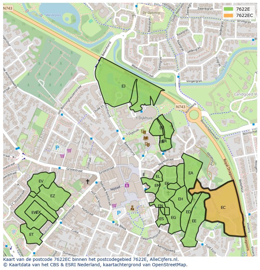 Afbeelding van het postcodegebied 7622 EC op de kaart.