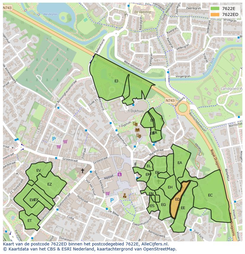 Afbeelding van het postcodegebied 7622 ED op de kaart.