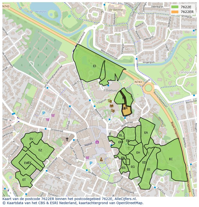 Afbeelding van het postcodegebied 7622 ER op de kaart.