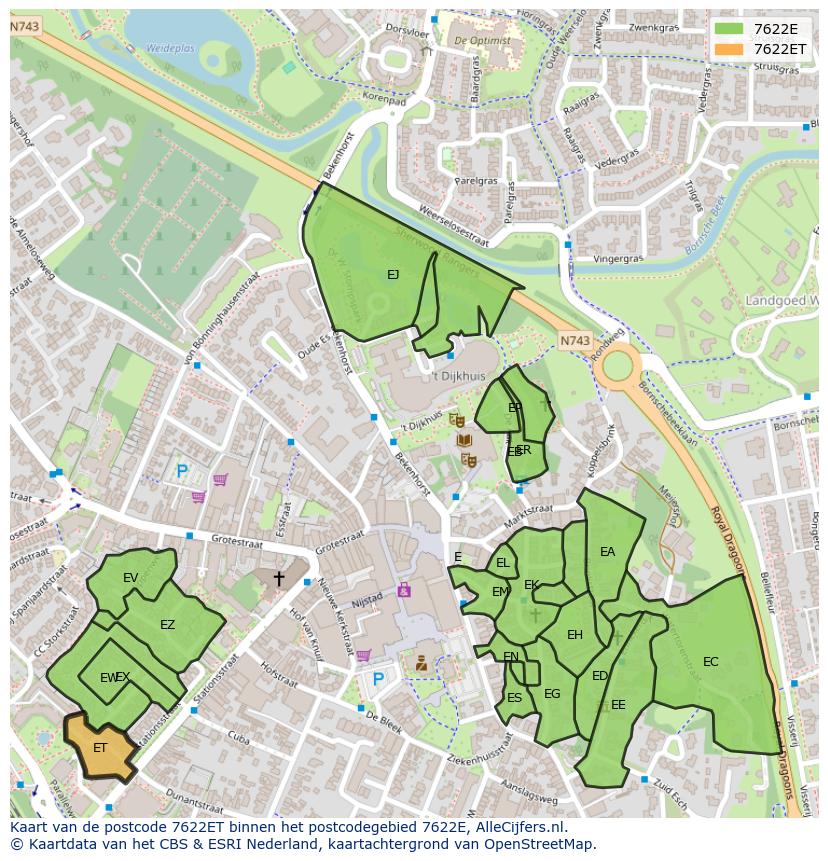 Afbeelding van het postcodegebied 7622 ET op de kaart.