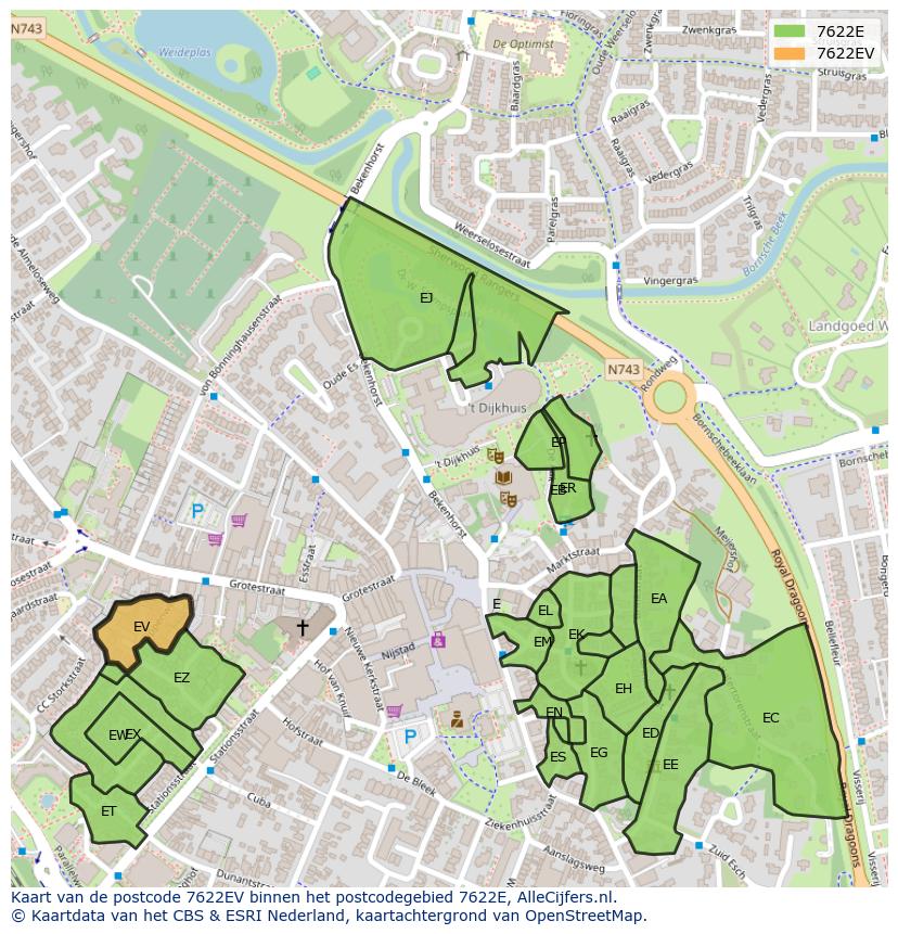 Afbeelding van het postcodegebied 7622 EV op de kaart.