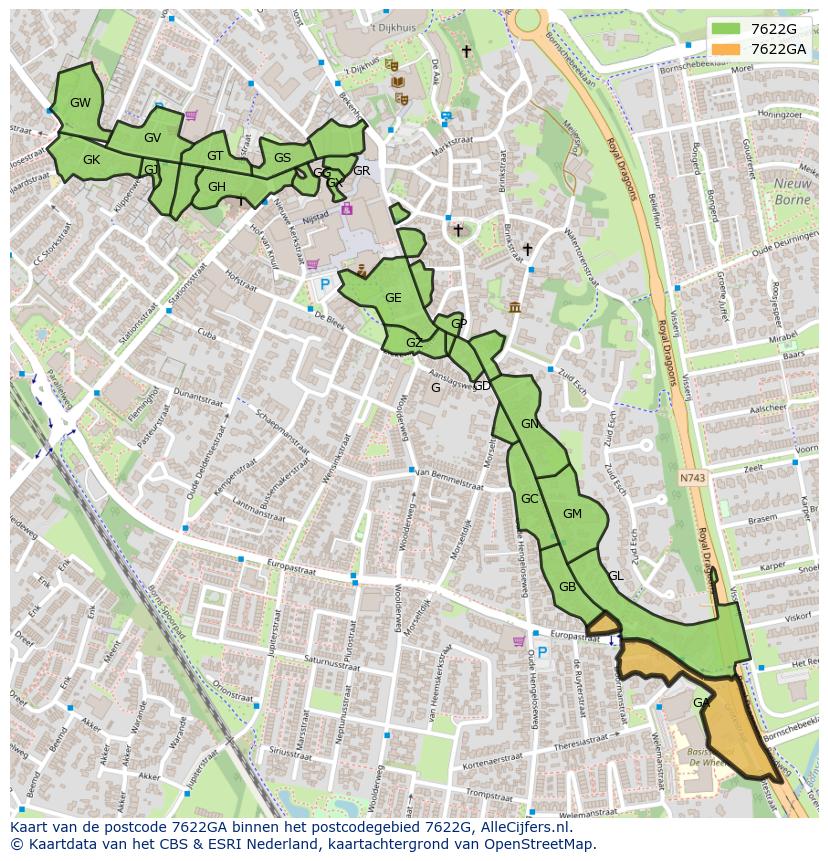 Afbeelding van het postcodegebied 7622 GA op de kaart.