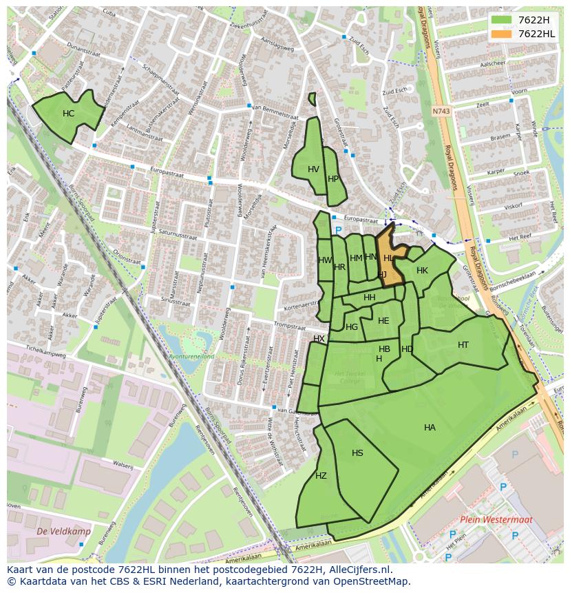 Afbeelding van het postcodegebied 7622 HL op de kaart.