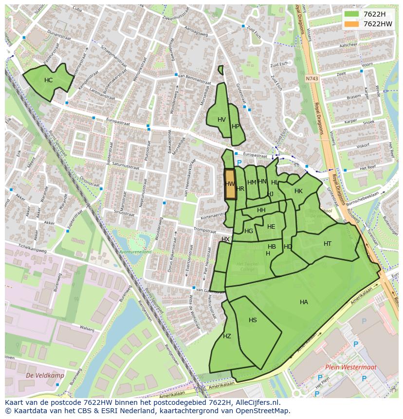 Afbeelding van het postcodegebied 7622 HW op de kaart.
