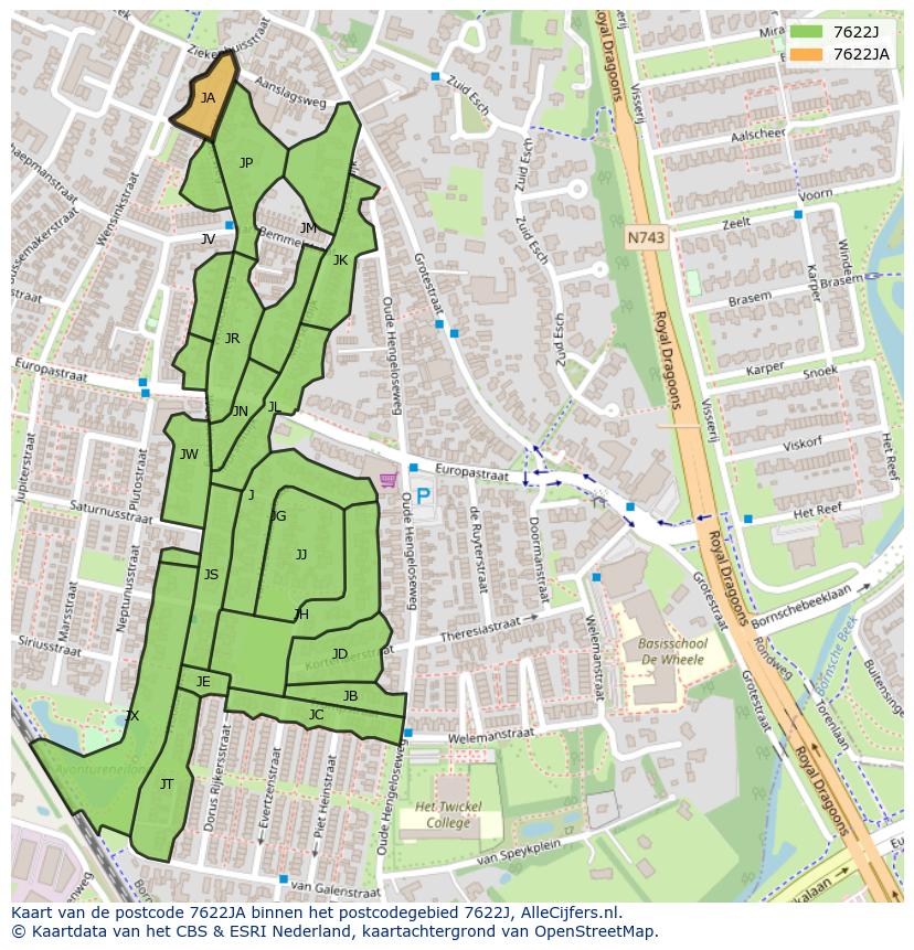 Afbeelding van het postcodegebied 7622 JA op de kaart.