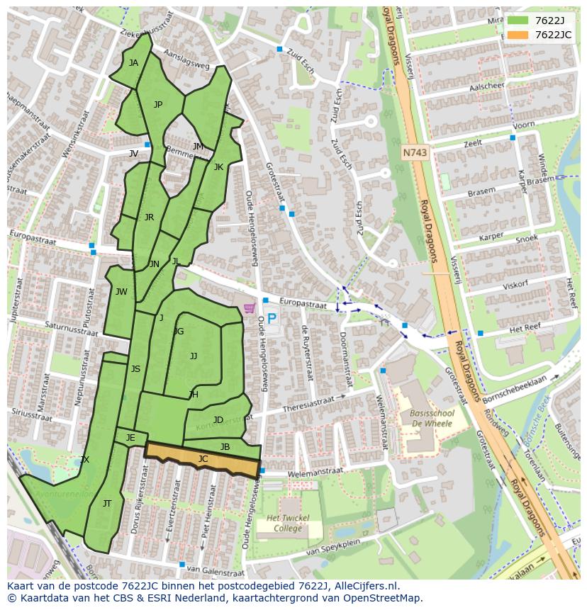 Afbeelding van het postcodegebied 7622 JC op de kaart.