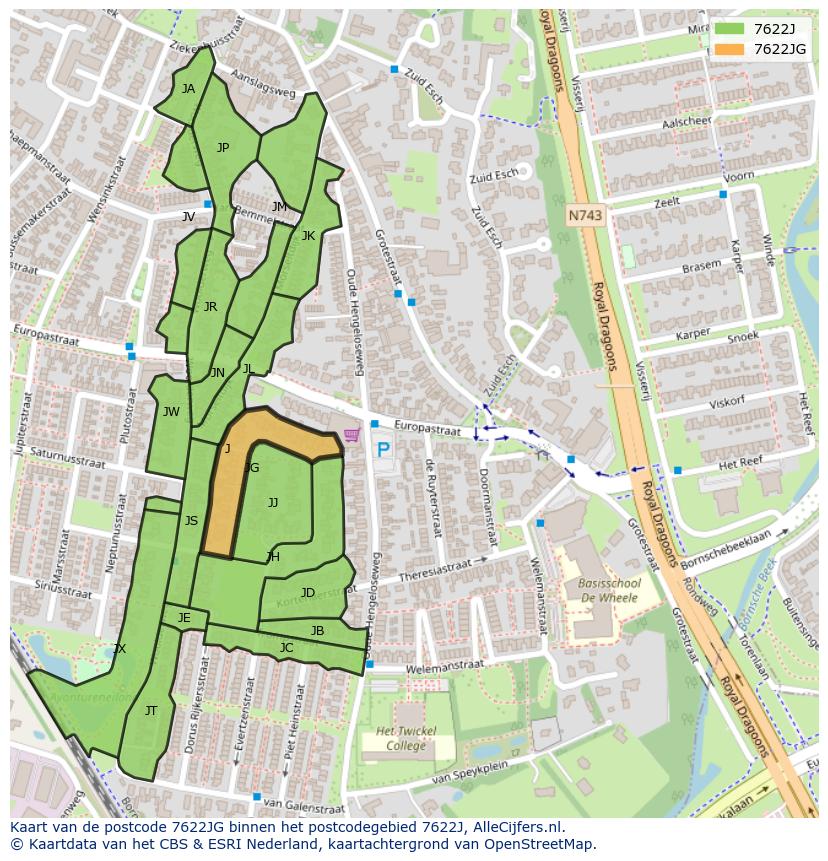 Afbeelding van het postcodegebied 7622 JG op de kaart.