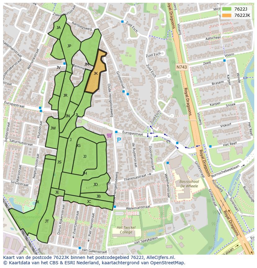 Afbeelding van het postcodegebied 7622 JK op de kaart.