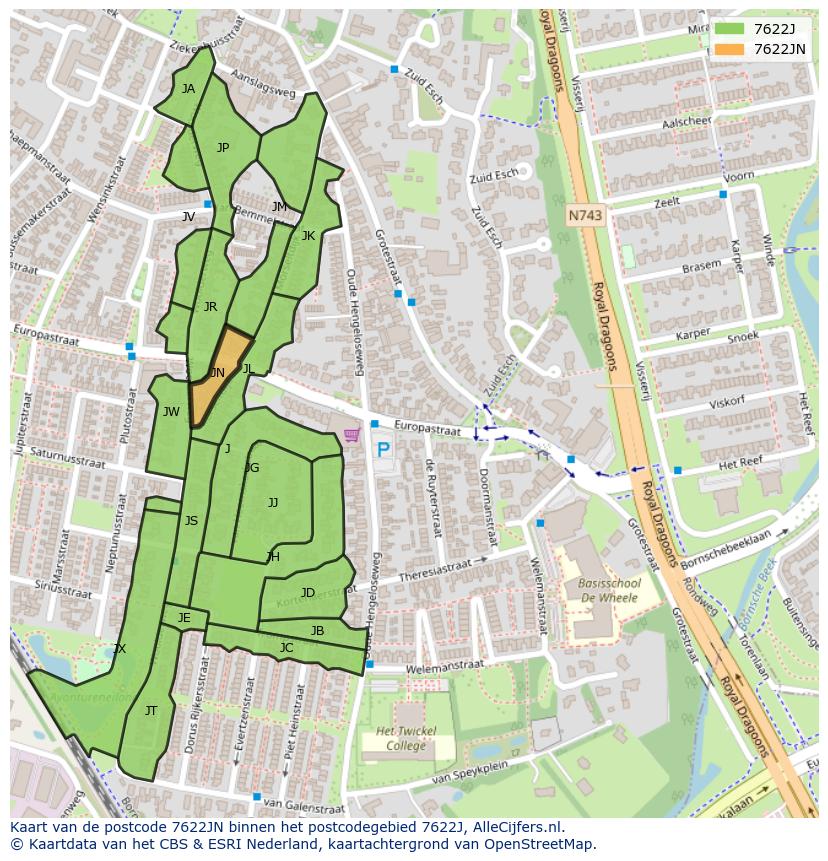 Afbeelding van het postcodegebied 7622 JN op de kaart.
