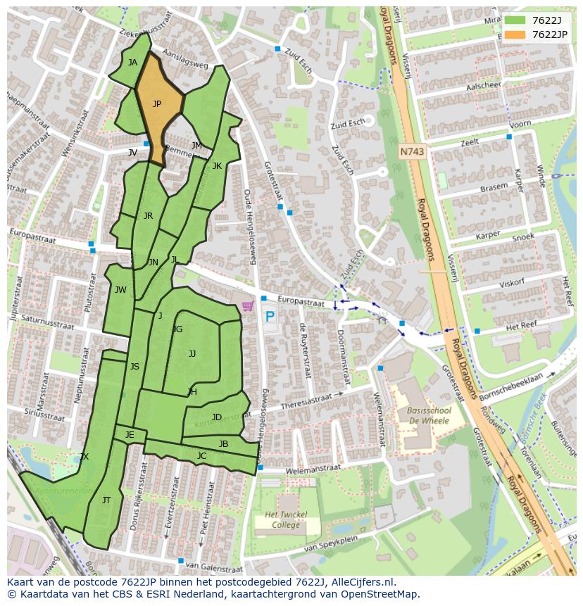 Afbeelding van het postcodegebied 7622 JP op de kaart.