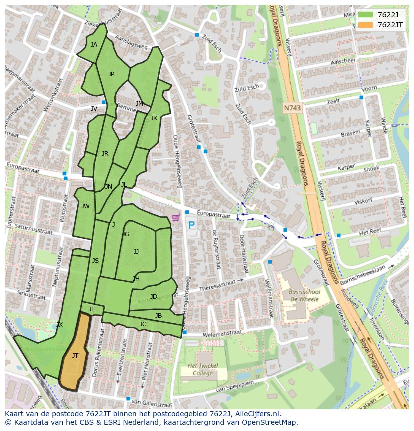 Afbeelding van het postcodegebied 7622 JT op de kaart.