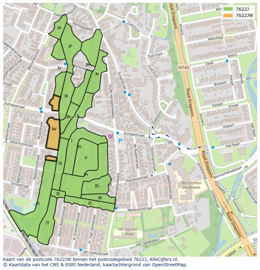 Afbeelding van het postcodegebied 7622 JW op de kaart.