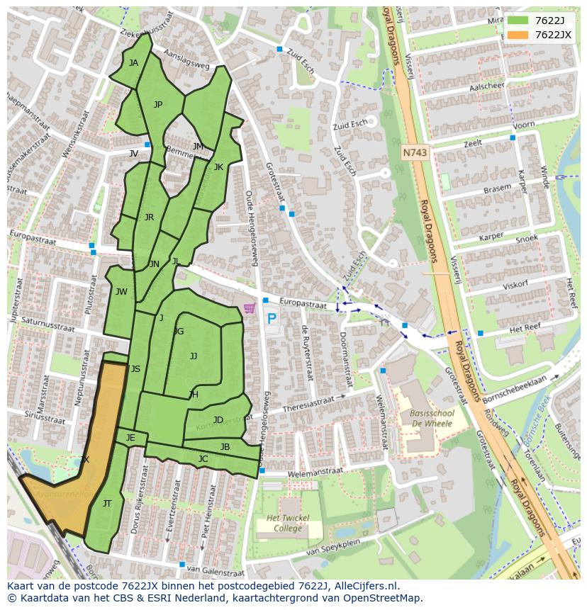 Afbeelding van het postcodegebied 7622 JX op de kaart.