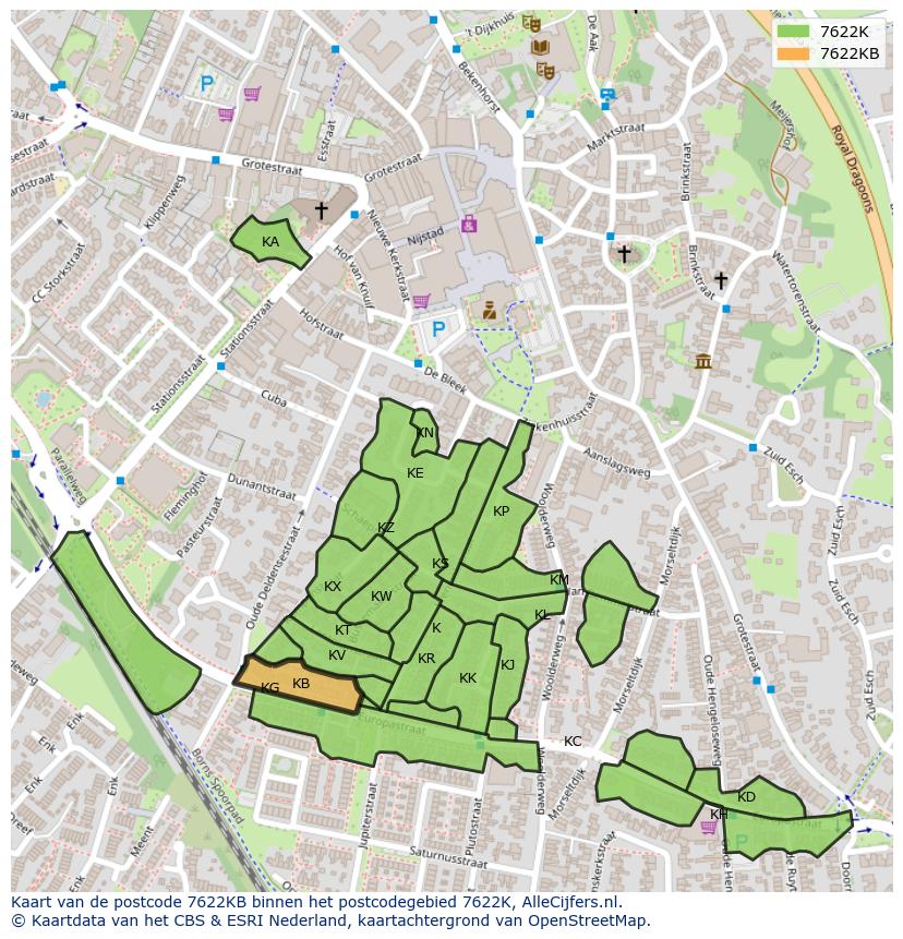 Afbeelding van het postcodegebied 7622 KB op de kaart.