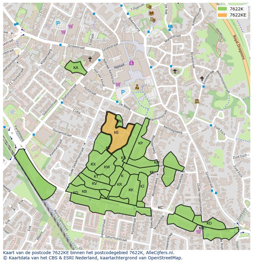 Afbeelding van het postcodegebied 7622 KE op de kaart.