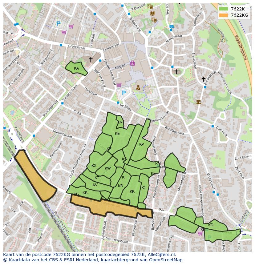 Afbeelding van het postcodegebied 7622 KG op de kaart.