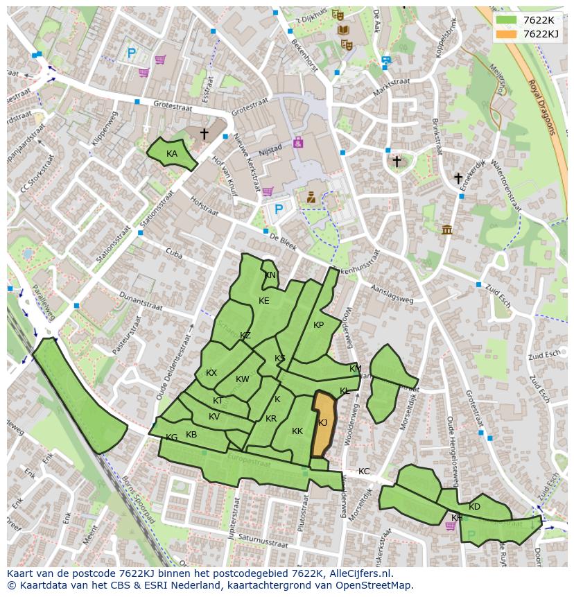 Afbeelding van het postcodegebied 7622 KJ op de kaart.
