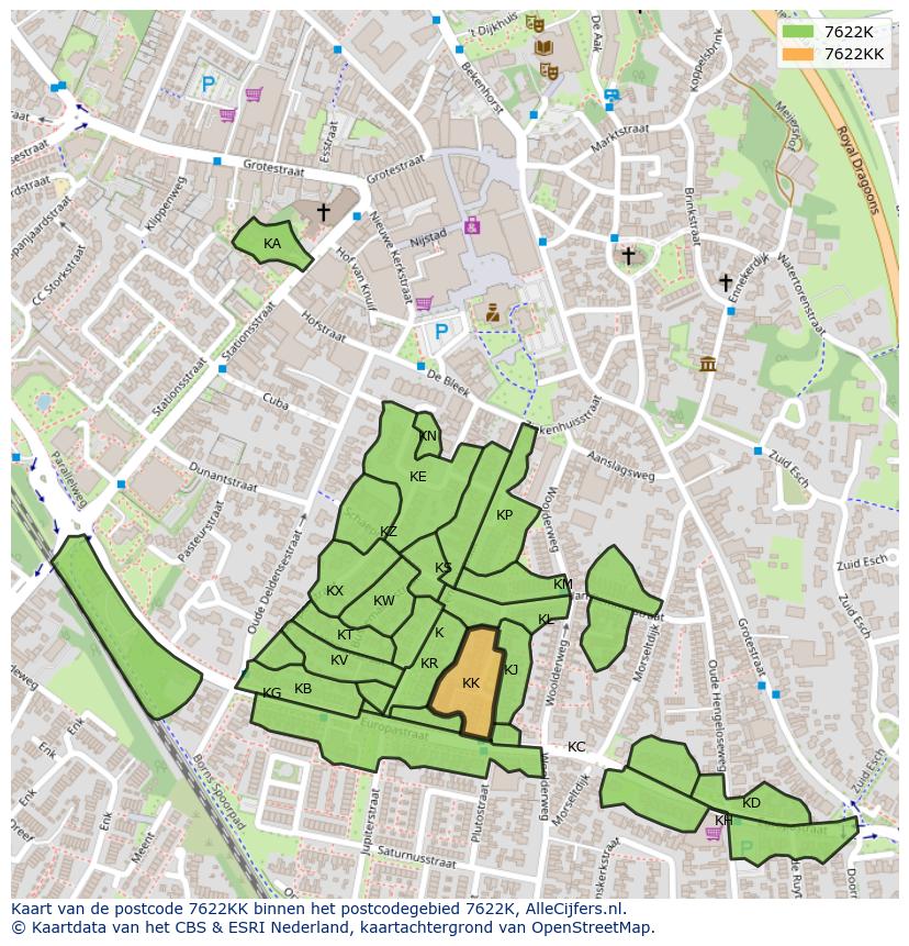 Afbeelding van het postcodegebied 7622 KK op de kaart.