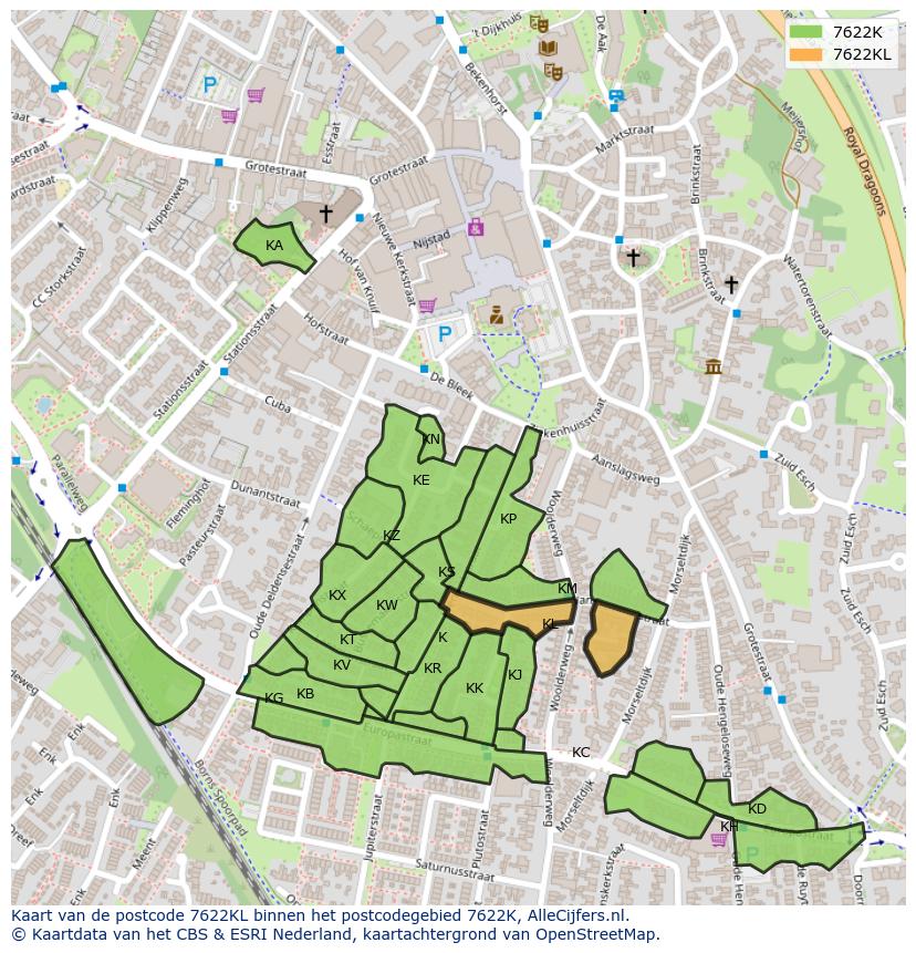 Afbeelding van het postcodegebied 7622 KL op de kaart.