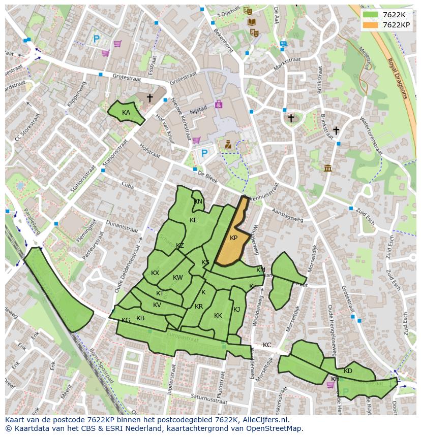 Afbeelding van het postcodegebied 7622 KP op de kaart.