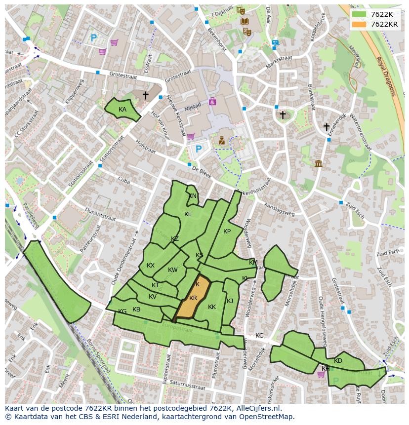 Afbeelding van het postcodegebied 7622 KR op de kaart.