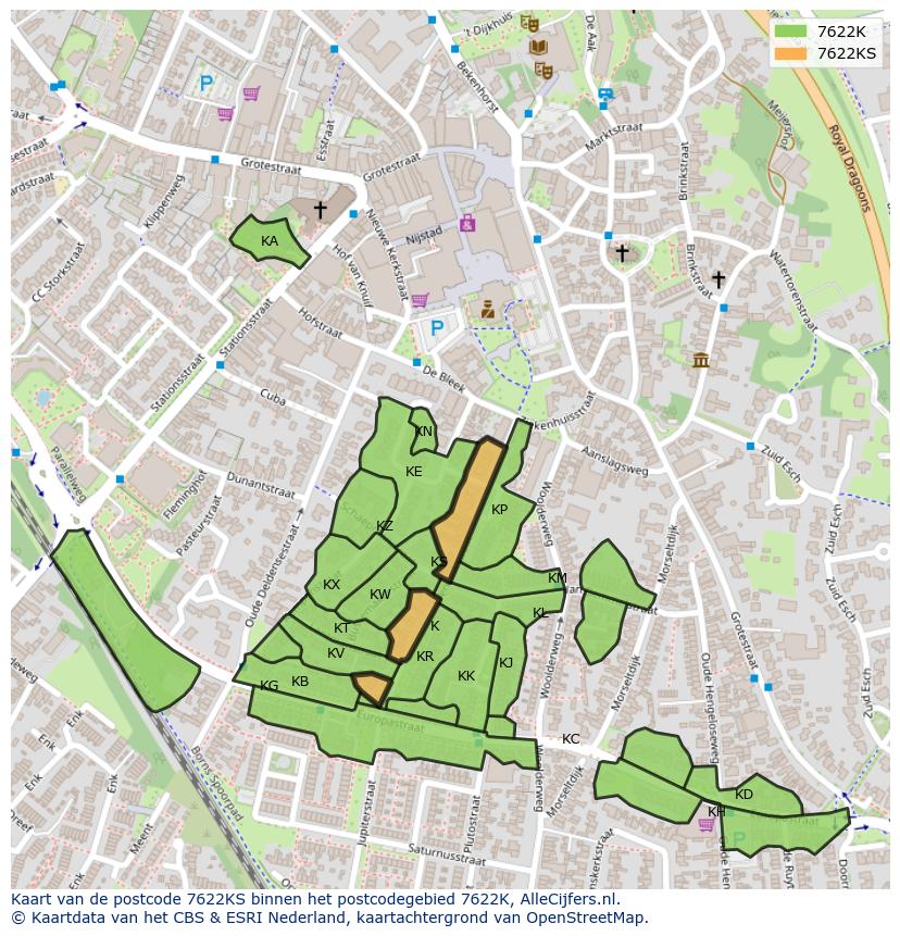 Afbeelding van het postcodegebied 7622 KS op de kaart.